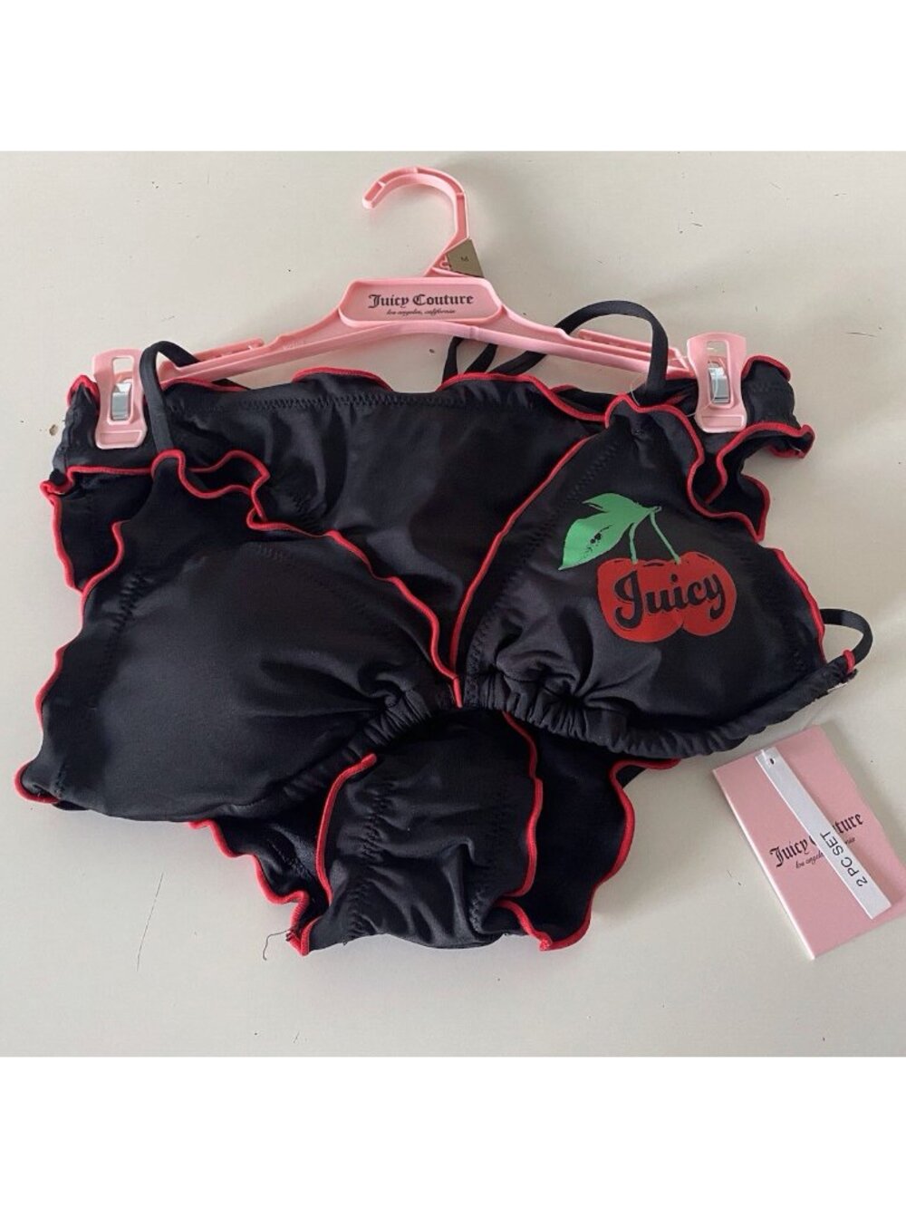 Juicy Couture Cherry Logo Contrast Triangle Bikini Size M Black Ruffle Bottoms